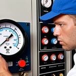 **A refrigeration technician using digital gauges to diagnose a system. The gauges are displaying precise readings, and the technician is focused and professional. Use natural lighting. (Realistic, HVAC, Technician, Gauges, Tools)**