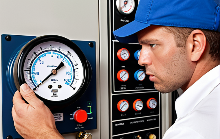 **A refrigeration technician using digital gauges to diagnose a system. The gauges are displaying precise readings, and the technician is focused and professional. Use natural lighting. (Realistic, HVAC, Technician, Gauges, Tools)**