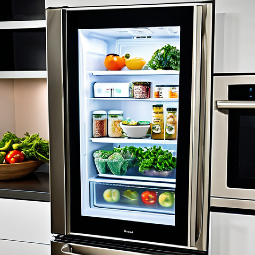 Smart Refrigerator of the Future**

"A modern kitchen featuring a sleek, stainless steel smart refrigerator with a glowing touchscreen display. The display shows food recognition icons and recipe suggestions. Shelves inside are neatly organized with fresh produce. Warm, inviting lighting. Fully clothed family members interact with the refrigerator. Safe for work, appropriate content, family-friendly, perfect anatomy, professional quality."

**