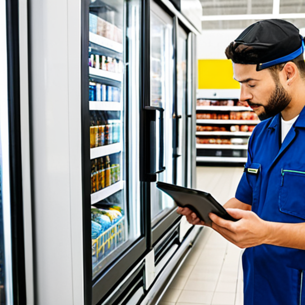 Modern Refrigeration Technician**

A skilled refrigeration technician, fully clothed in work attire (uniform), using a digital tablet to monitor a modern, high-efficiency refrigeration system in a supermarket. The system uses a natural refrigerant (e.g., CO2) and features advanced IoT sensors. Background: A clean, well-maintained supermarket environment. Focus on the technician's expertise and the advanced technology. safe for work, appropriate content, professional, modest clothing, perfect anatomy, natural proportions, well-formed hands, proper finger count.

**