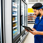 Modern Refrigeration Technician**
A skilled refrigeration technician, fully clothed in work attire (uniform), using a digital tablet to monitor a modern, high-efficiency refrigeration system in a supermarket. The system uses a natural refrigerant (e.g., CO2) and features advanced IoT sensors. Background: A clean, well-maintained supermarket environment. Focus on the technician's expertise and the advanced technology. safe for work, appropriate content, professional, modest clothing, perfect anatomy, natural proportions, well-formed hands, proper finger count.
**