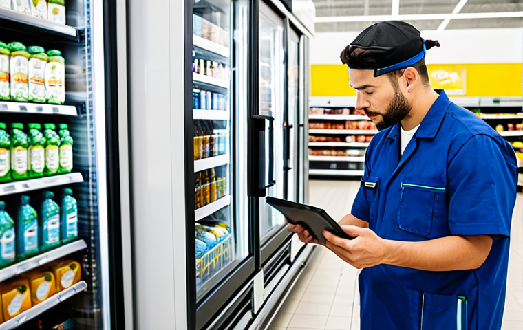 Modern Refrigeration Technician**

A skilled refrigeration technician, fully clothed in work attire (uniform), using a digital tablet to monitor a modern, high-efficiency refrigeration system in a supermarket. The system uses a natural refrigerant (e.g., CO2) and features advanced IoT sensors. Background: A clean, well-maintained supermarket environment. Focus on the technician's expertise and the advanced technology. safe for work, appropriate content, professional, modest clothing, perfect anatomy, natural proportions, well-formed hands, proper finger count.

**