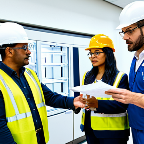 Home 29 **
"A diverse team of engineers in hard hats and vests, collaborating around blueprints for a large-scale refrigeration system installation in a modern hospital setting. The scene depicts a focus on clear communication and problem-solving, with some pointing to diagrams. Fully clothed, appropriate attire, safe for work, professional environment, correct proportions, well-formed hands, modest."
**
