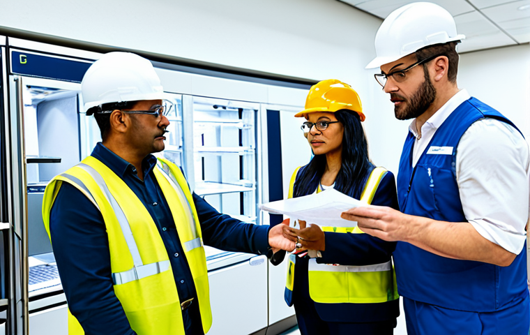 **

"A diverse team of engineers in hard hats and vests, collaborating around blueprints for a large-scale refrigeration system installation in a modern hospital setting. The scene depicts a focus on clear communication and problem-solving, with some pointing to diagrams. Fully clothed, appropriate attire, safe for work, professional environment, correct proportions, well-formed hands, modest."

**