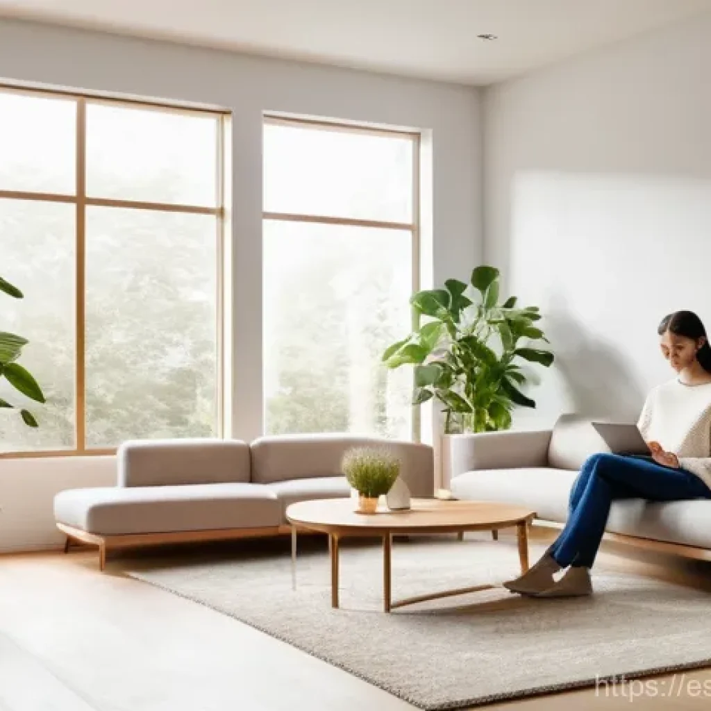 공조냉동기계와 스마트 HVAC 기술 - **Prompt:** "A sleek, modern living room bathed in soft, natural light, where a person aged 20-30, w...