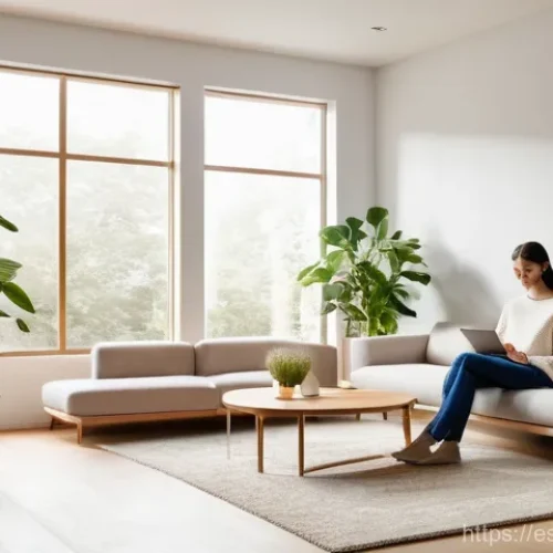 Home 27 공조냉동기계와 스마트 HVAC 기술 - **Prompt:** "A sleek, modern living room bathed in soft, natural light, where a person aged 20-30, w...