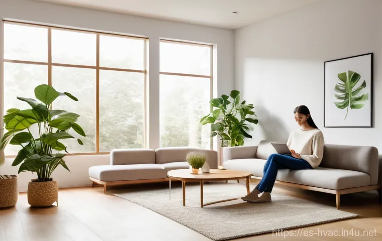 공조냉동기계와 스마트 HVAC 기술 - **Prompt:** "A sleek, modern living room bathed in soft, natural light, where a person aged 20-30, w...