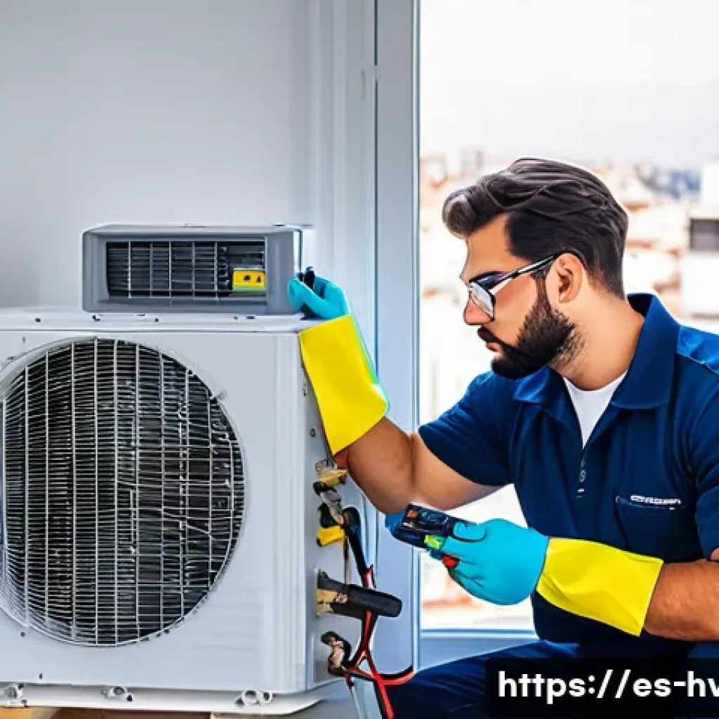 공조냉동기계기사의 연봉 및 복지 비교 - A professional HVAC technician wearing protective gloves and uniform with company logo, working on a...
