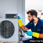 공조냉동기계기사의 연봉 및 복지 비교 - A professional HVAC technician wearing protective gloves and uniform with company logo, working on a...