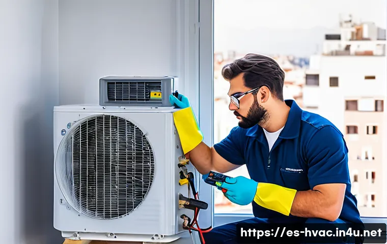 공조냉동기계기사의 연봉 및 복지 비교 - A professional HVAC technician wearing protective gloves and uniform with company logo, working on a...