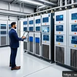 공조냉동기계기사의 프로젝트 관리 경험 - A modern industrial HVAC control room featuring a large digital dashboard displaying real-time IoT s...