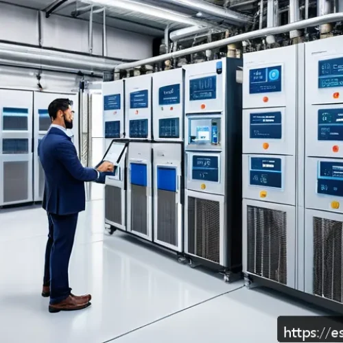 공조냉동기계기사의 프로젝트 관리 경험 - A modern industrial HVAC control room featuring a large digital dashboard displaying real-time IoT s...
