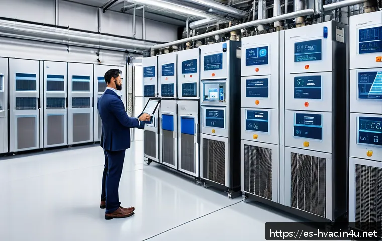 공조냉동기계기사의 프로젝트 관리 경험 - A modern industrial HVAC control room featuring a large digital dashboard displaying real-time IoT s...