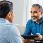 공조냉동기계 기술자의 고객 응대 방법 - A professional HVAC technician attentively listening to a middle-aged Hispanic customer in a bright,...