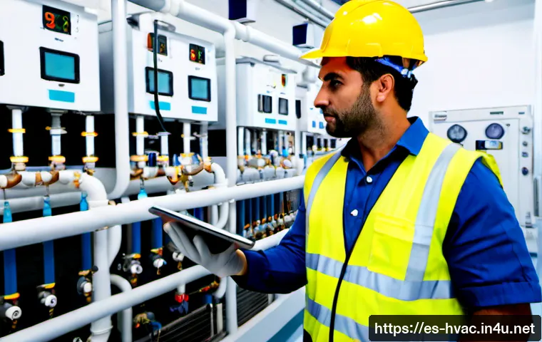 공조냉동기계기사와 대규모 프로젝트 사례 - Photorealistic wide-angle view of a large modern hospital mechanical plant room in Spain, a certifie...