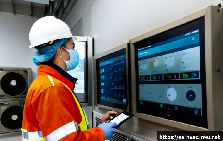 공조냉동기계 기술자와 재난 대응 시스템 - Photorealistic HVAC and refrigeration technician in a modern emergency operations room in Madrid, Sp...